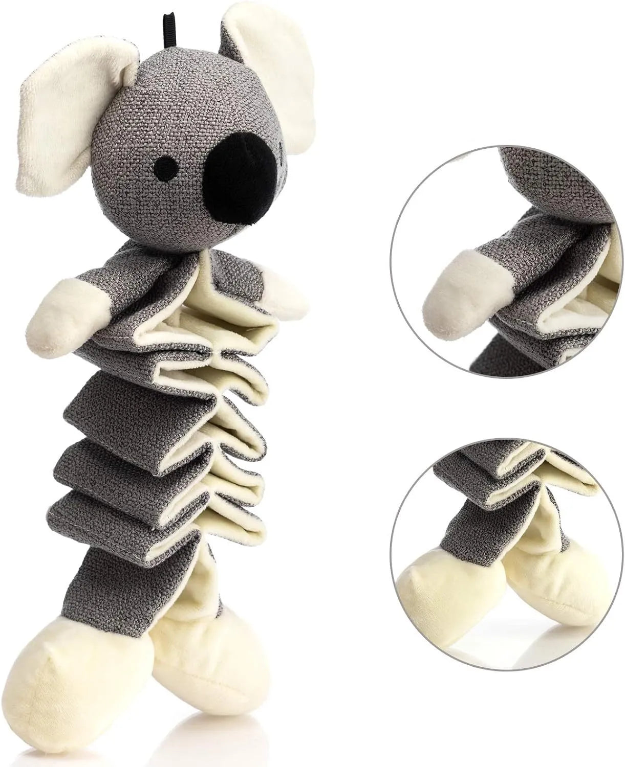 Grey koala-shaped plush dog toy with squeaker and crinkle paper, measuring 30cm.