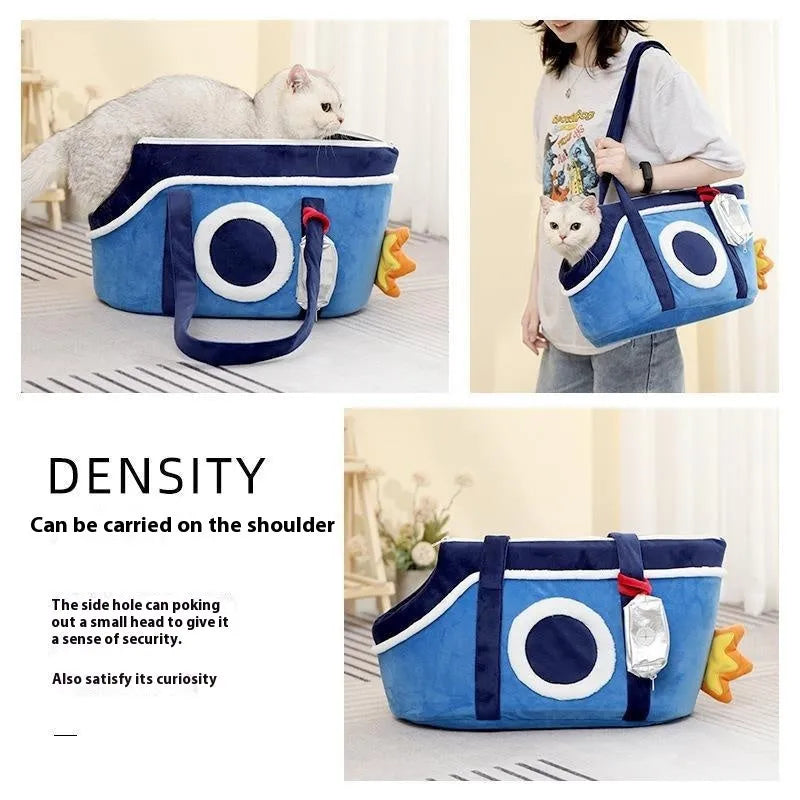Shoulder cat bag pet carrier with cartoon pattern in green, red stripe, or yellow colours showing plush interior