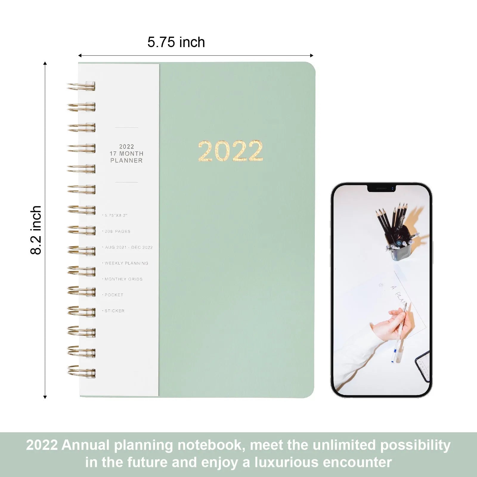 Blue and green 2022 student week planner notebook with PU leather cover showing 148 pages and storage pockets