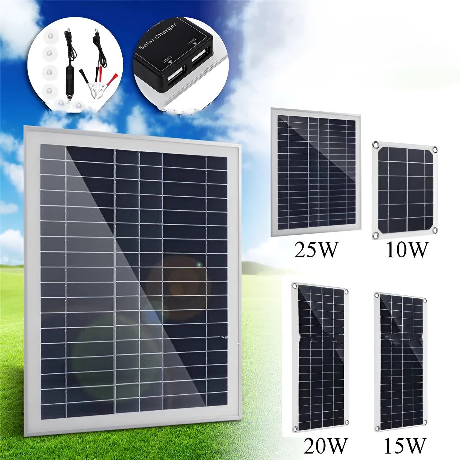 Outdoor solar panel with dual USB ports for charging mobile phones and tablets