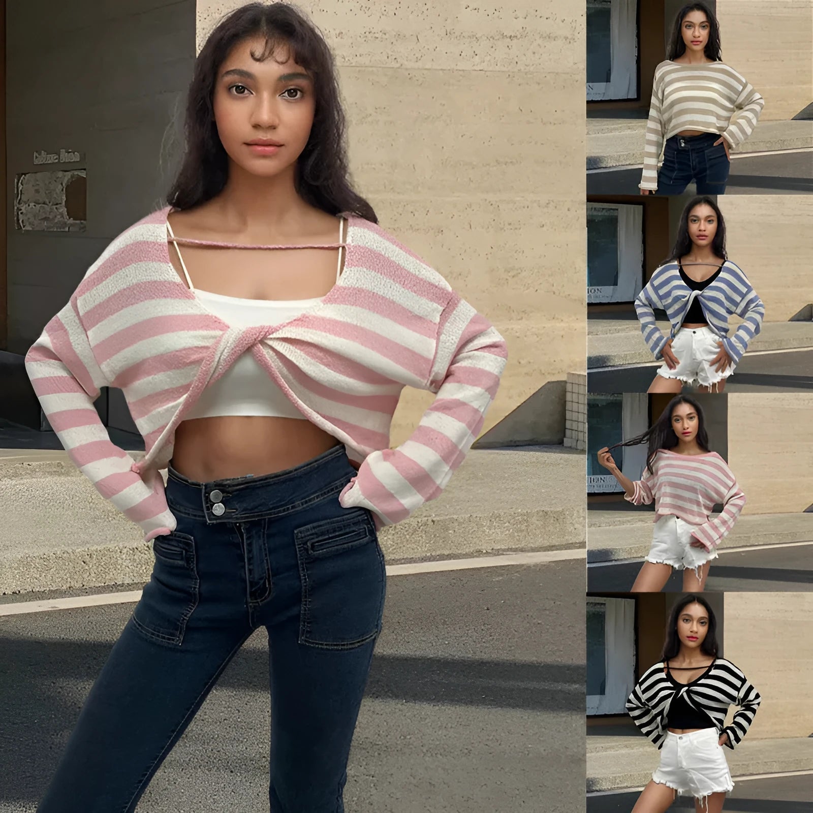 Striped long-sleeved pullover sweater with exposed navel styling in mercerised cotton