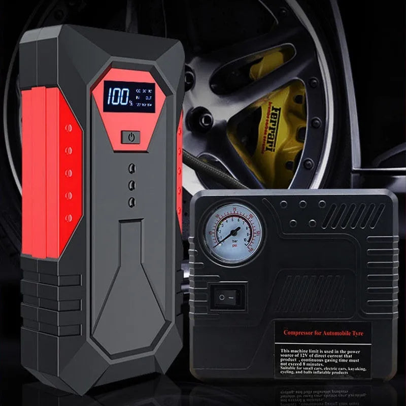 Red 12V car emergency jump starter power bank with battery clamps