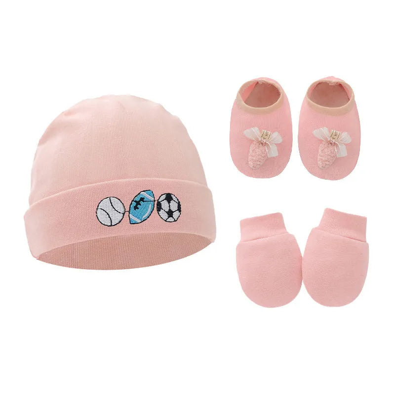 Baby cotton gloves and foot cover set with a pullover cap in multiple colour options