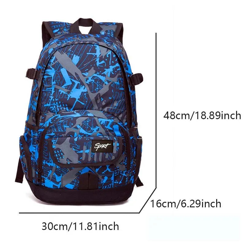 Classic blue nylon backpack with large main compartment shown on a plain background.
