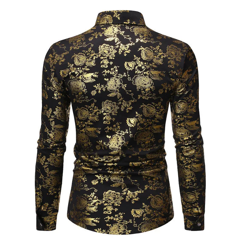 Men's long sleeve casual shirt with metallic bronzing print on elastic polyester fabric.