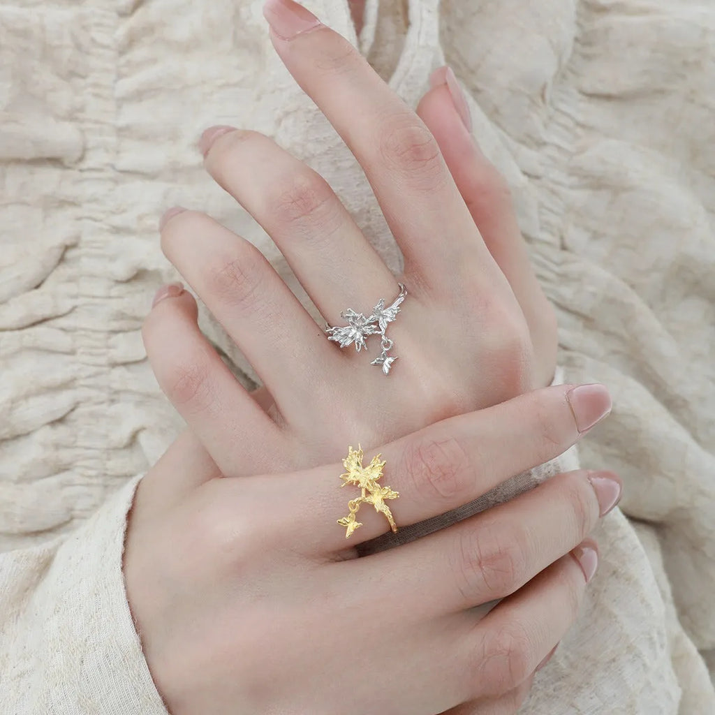 Adjustable silver butterfly ring with electroplated finish in gold colour options