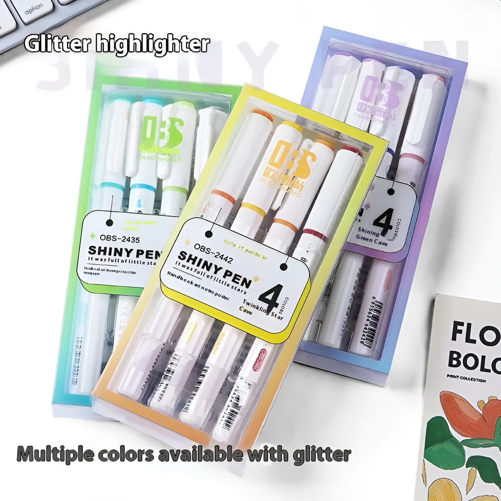 Four glitter fluorescent highlighter pens with slanted tips in six colour options including taro puff and peach nougat pastry