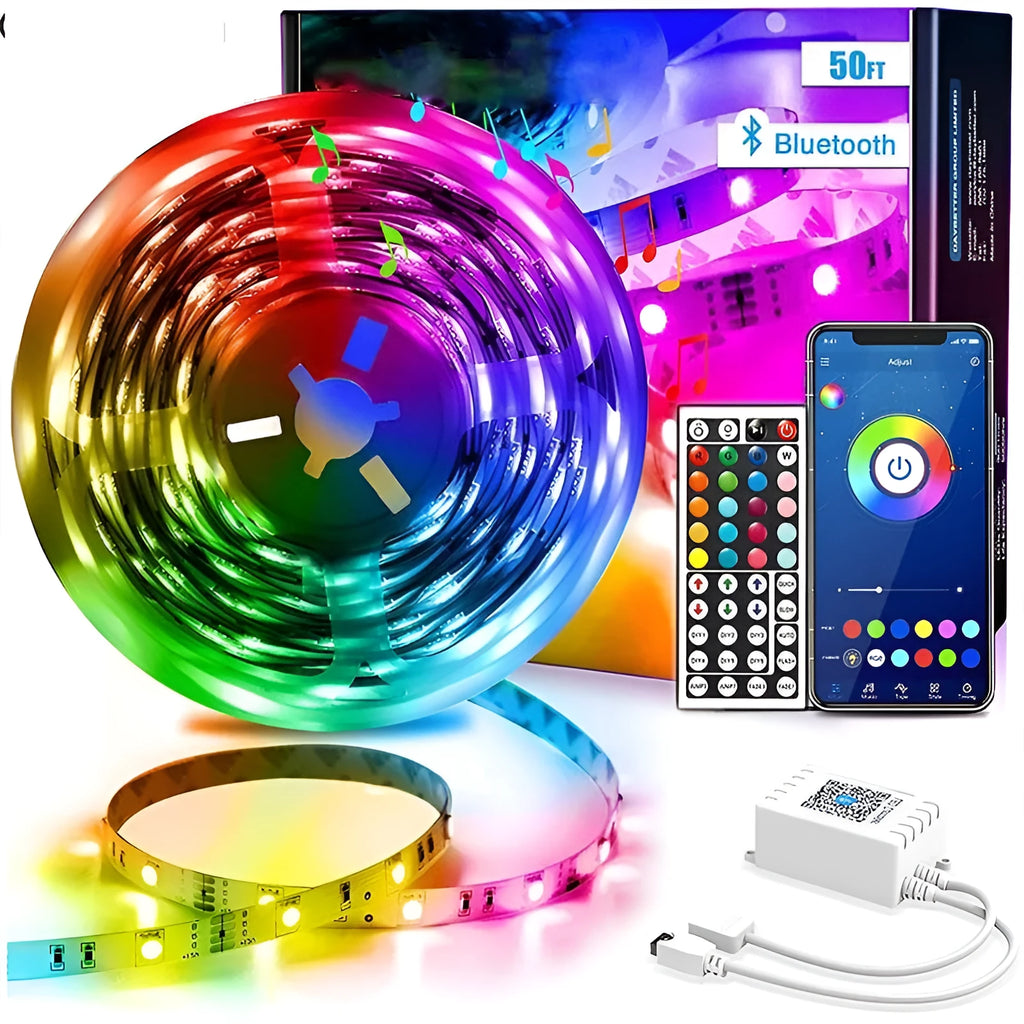 Bluetooth smart app controlled RGB LED strip light on a reel with 44-key remote and power adapter.