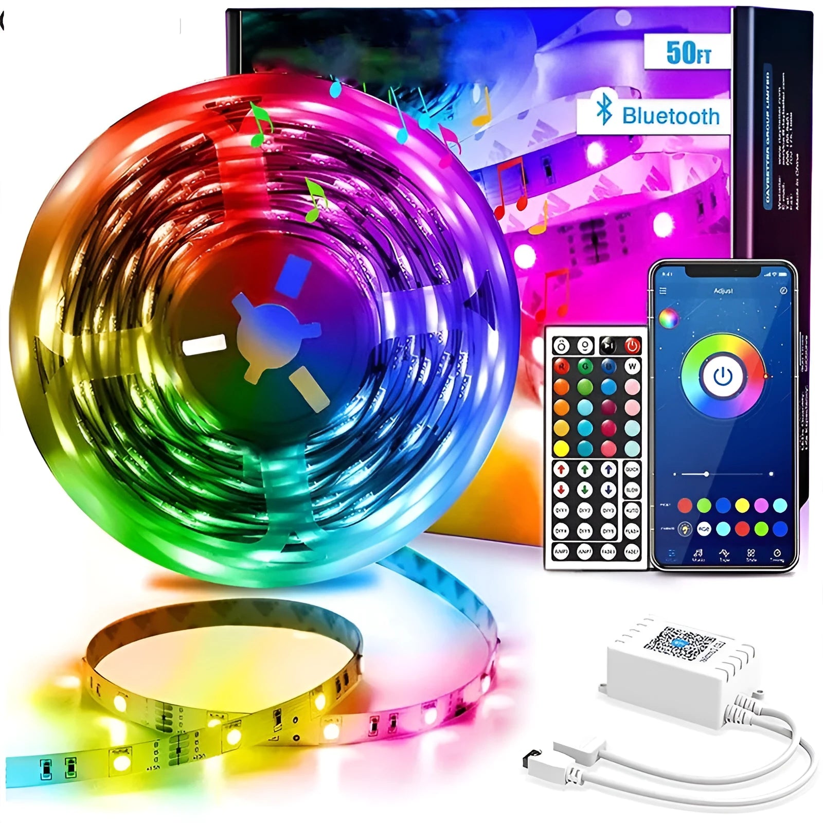 Bluetooth smart app controlled RGB LED strip light on a reel with 44-key remote and power adapter.