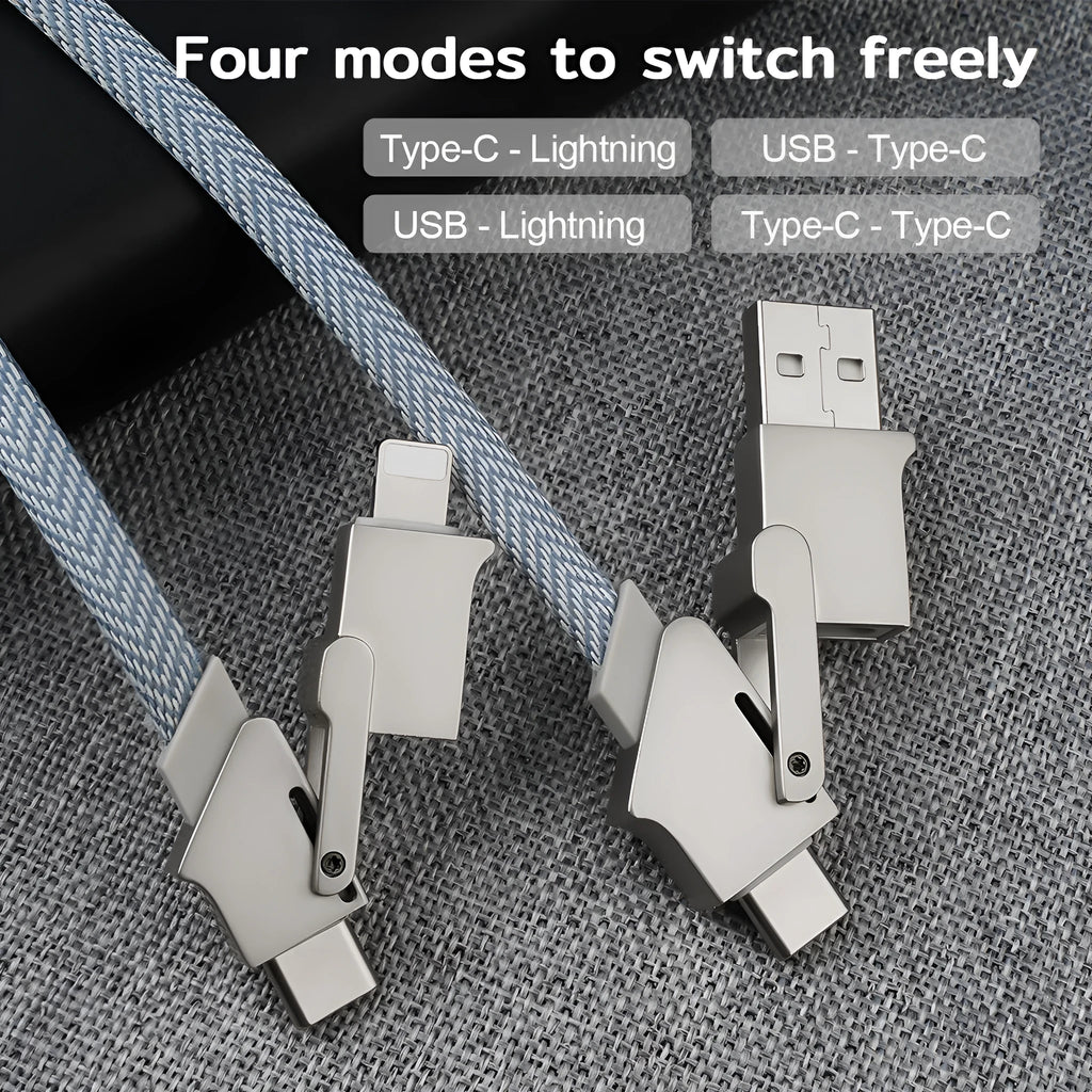 Six-in-one 120W fast charge data cable with Mini USB, Lightning, OTG, Micro USB, TYPE-C connectors in black with zinc alloy housing