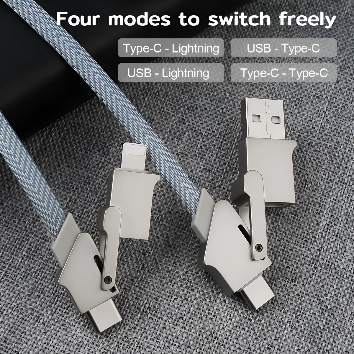 Six-in-one 120W fast charge data cable with Mini USB, Lightning, OTG, Micro USB, TYPE-C connectors in black with zinc alloy housing