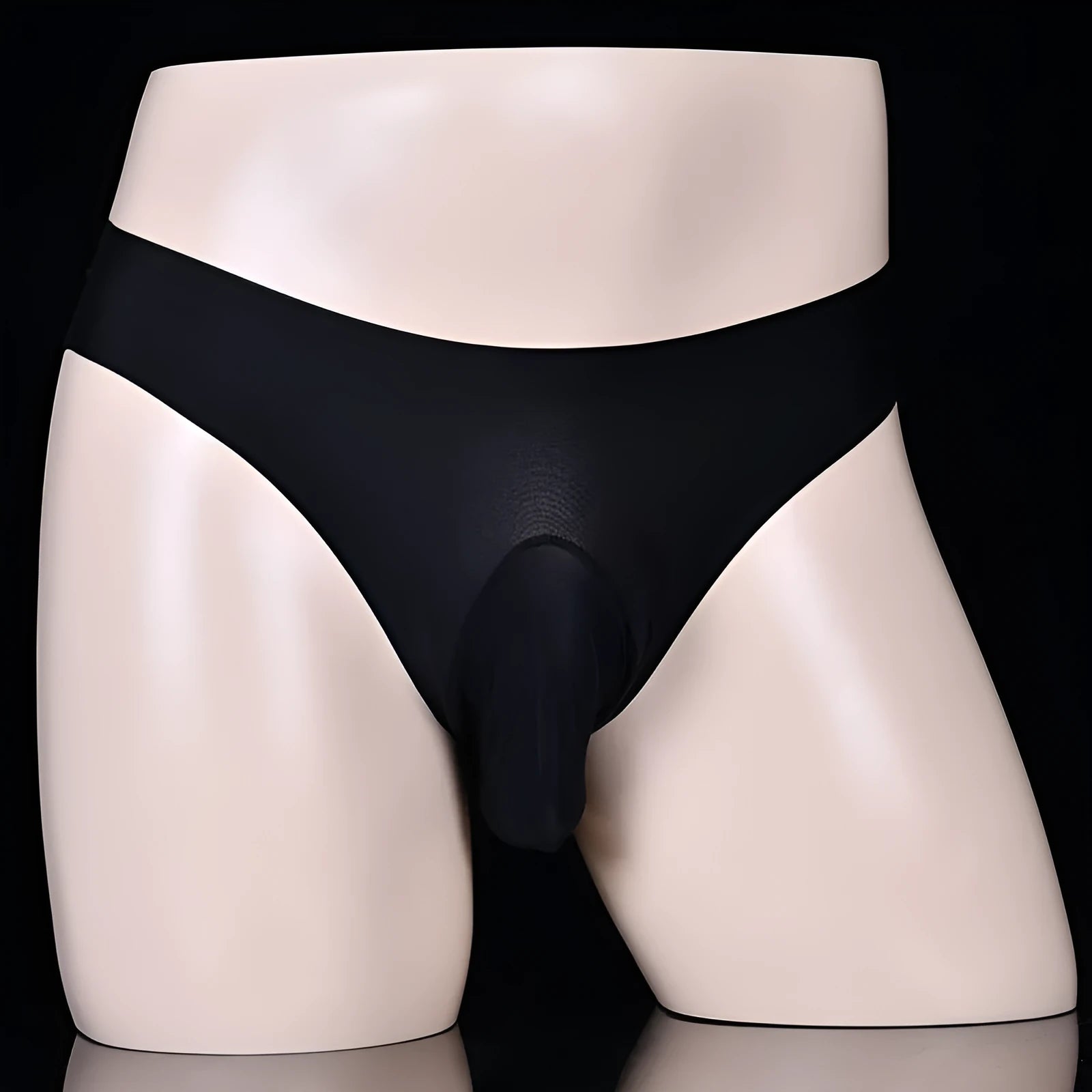 Men's ice silk underwear briefs in black, showing open gun egg, closed, and t-back style options