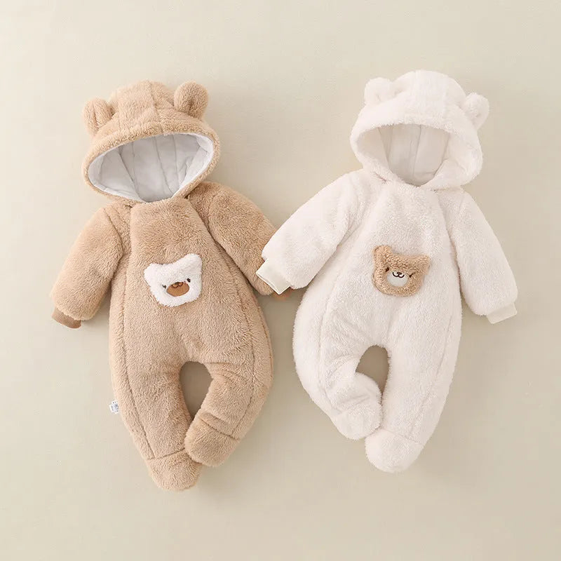 Unisex baby jumpsuit in milky white thickened polyester with front zipper closure