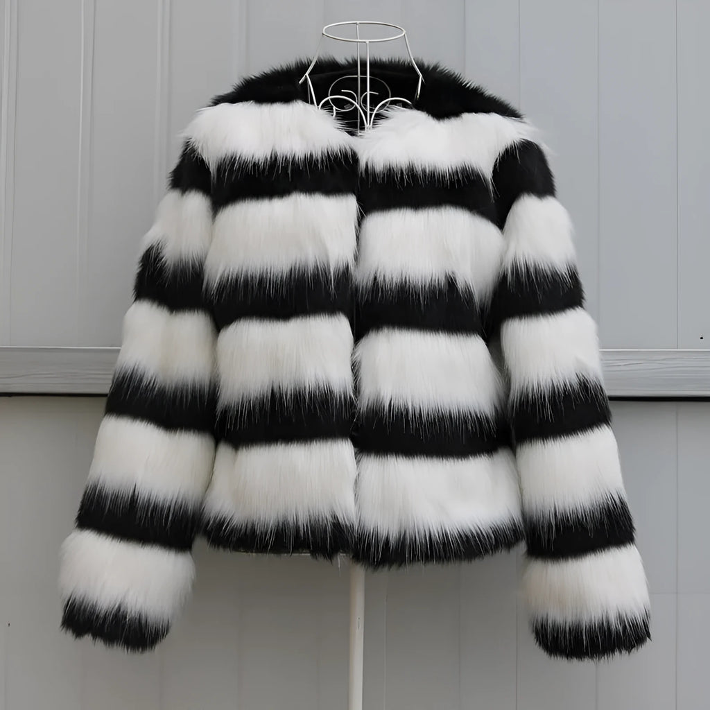 Black and white striped faux fur leather jacket for women with long sleeves