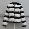 Black and white striped faux fur leather jacket for women with long sleeves