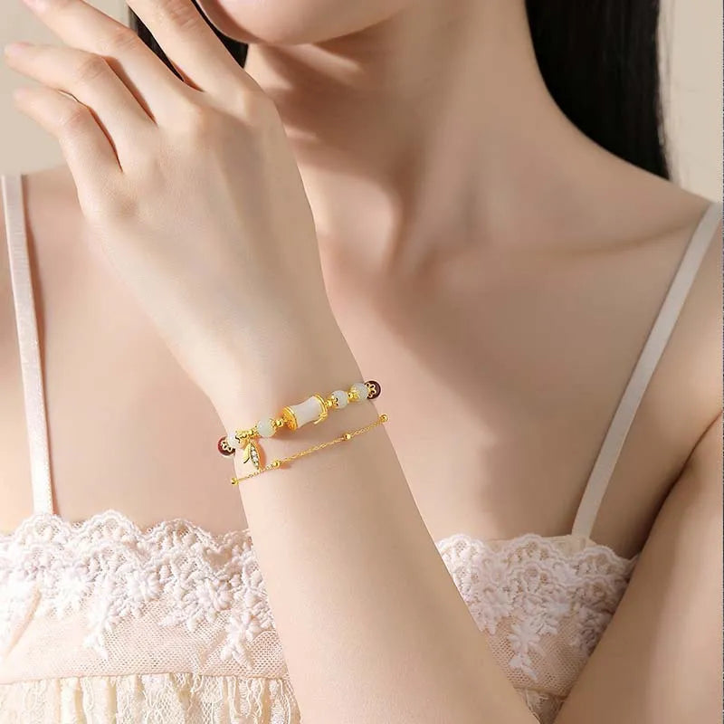 Retro bamboo bracelet with Ruyi pattern and flower design in electroplated glass