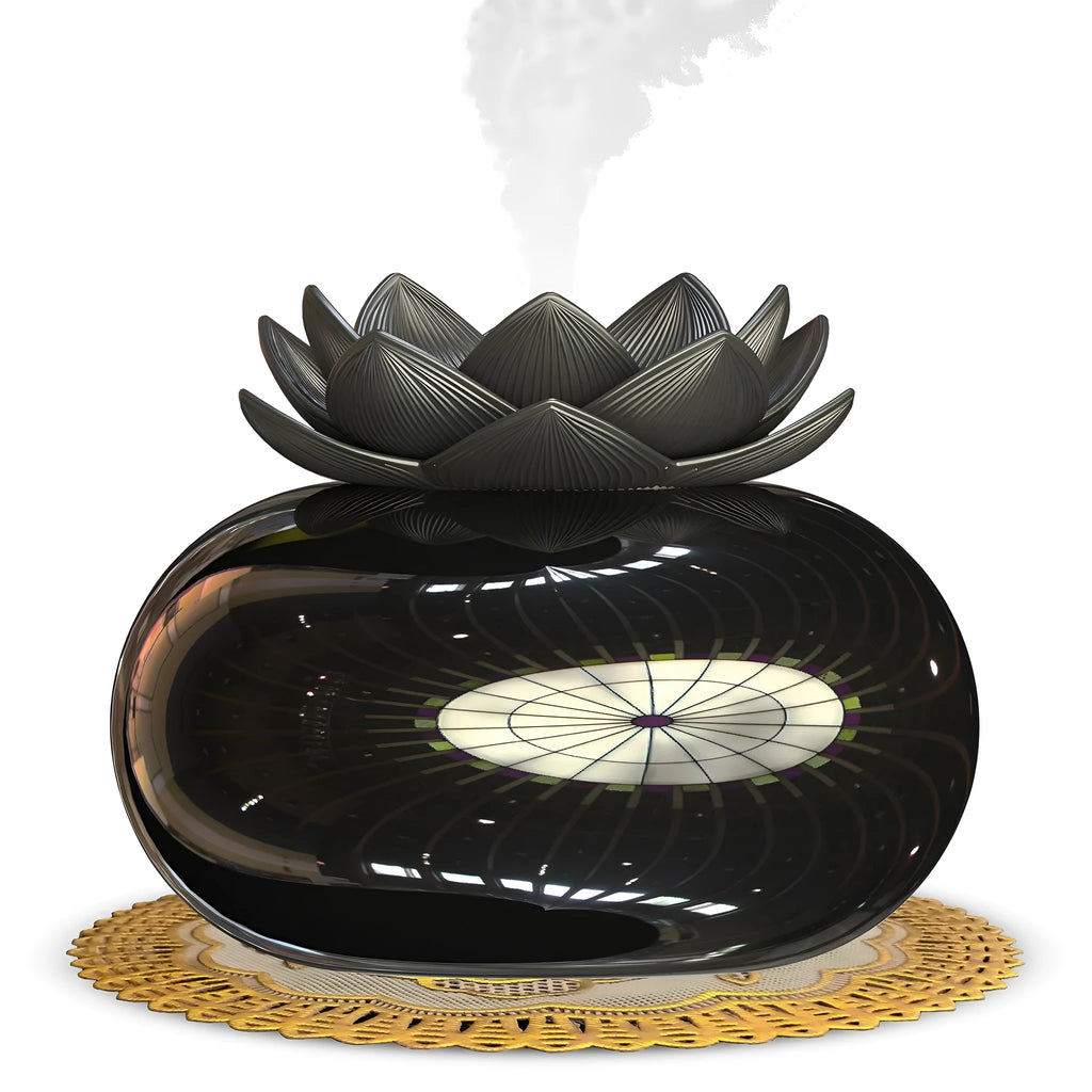 Pure black lotus-shaped ultrasonic humidifier with USB cable connection