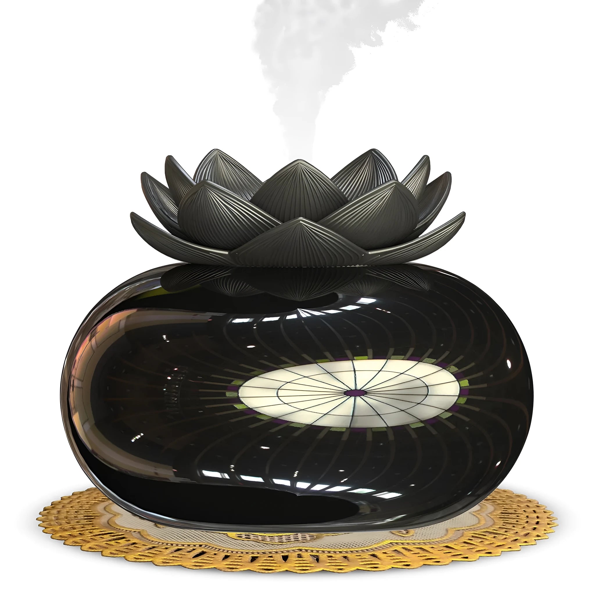 Pure black lotus-shaped ultrasonic humidifier with USB cable connection