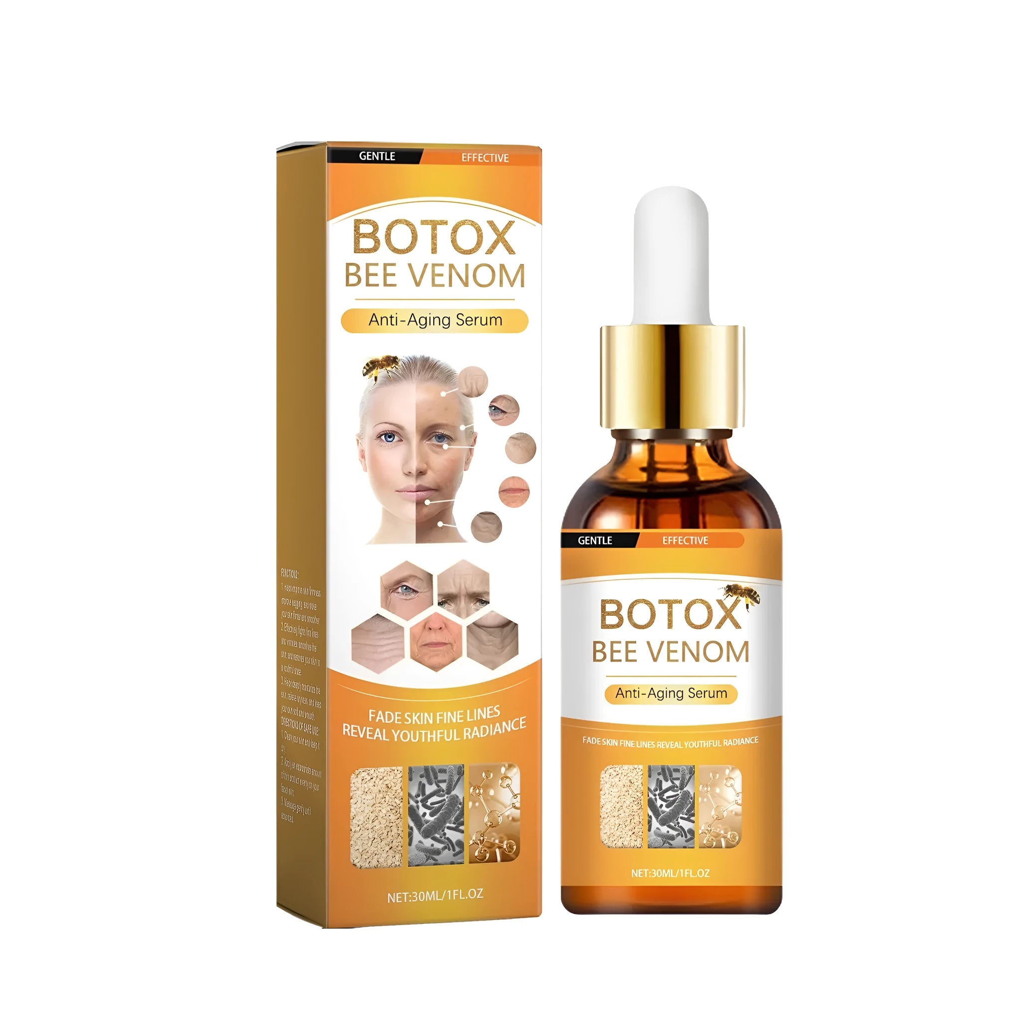 30ml bottle of anti-aging liquid serum with dropper applicator containing hyaluronic acid and bee venom