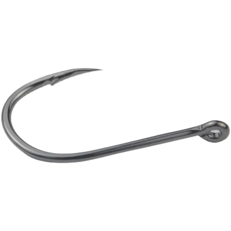 Bulk pack of barbed alloy carbon steel fishing hooks for sea and rock fishing in various sizes.