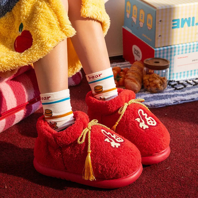 Red indoor slippers with ethnic pattern, suede upper and EVA sole, high-top design