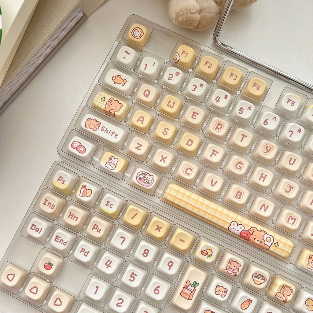 Set of 140 PBT plastic keyboard keycaps with Rabbit Bear Restaurant design in EOA height profile.