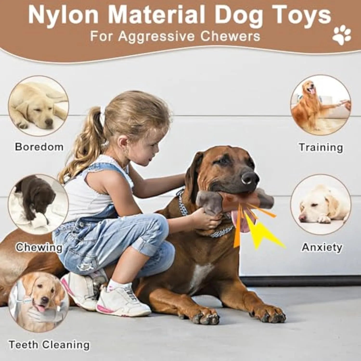 Brown branch-shaped nylon dog chew toy with bacon flavour and squeaker for large dogs