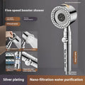 Silver portable shower head with multiple spray functions on chrome-plated plastic body.