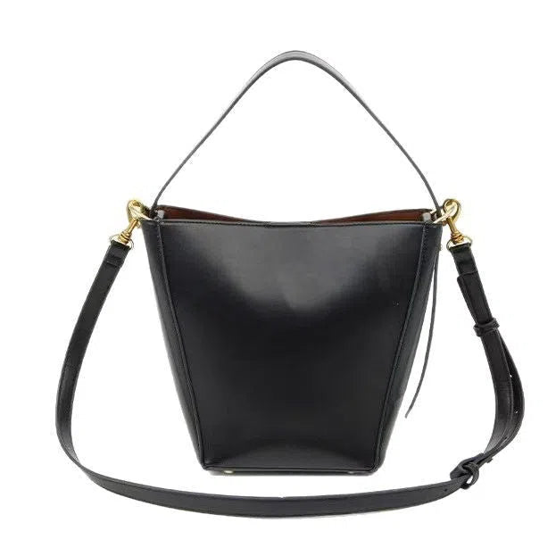 Urban minimalist bucket crossbody bag in army green with front three-dimensional pocket and adjustable strap