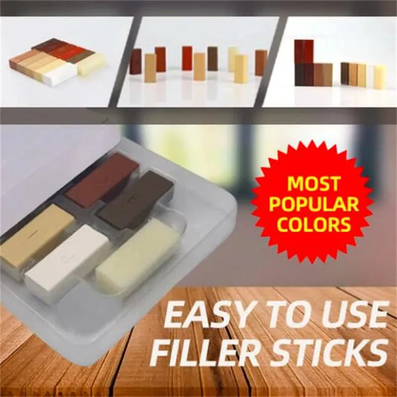 Floor tile repair tool set with red or yellow handle options and wax sticks for DIY furniture restoration