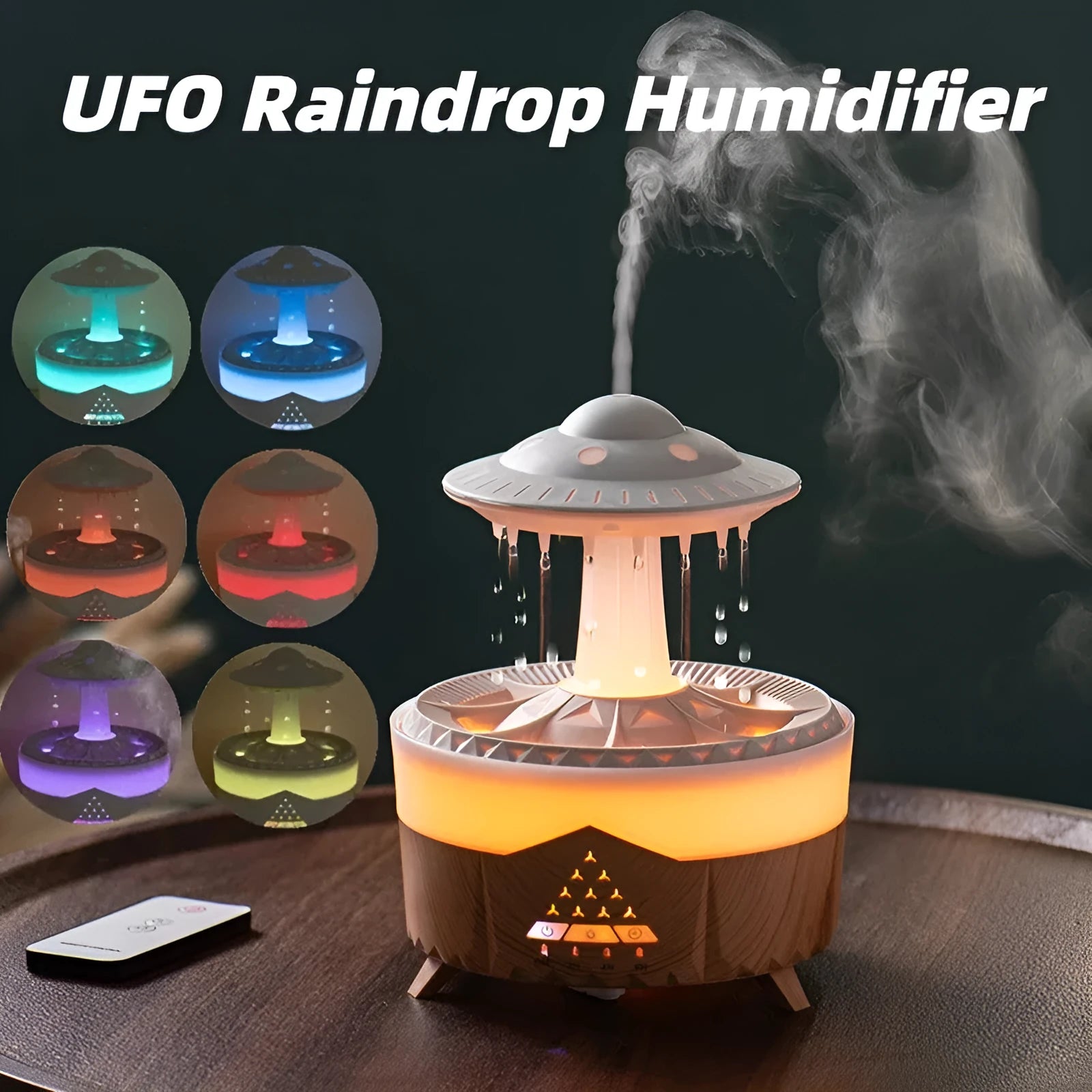 Cloud-shaped UFO raindrop humidifier with water drop sounds and night light