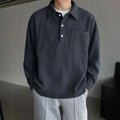 Men's American retro casual polyester pullover shirt in black, loose fit, size options S-XXL