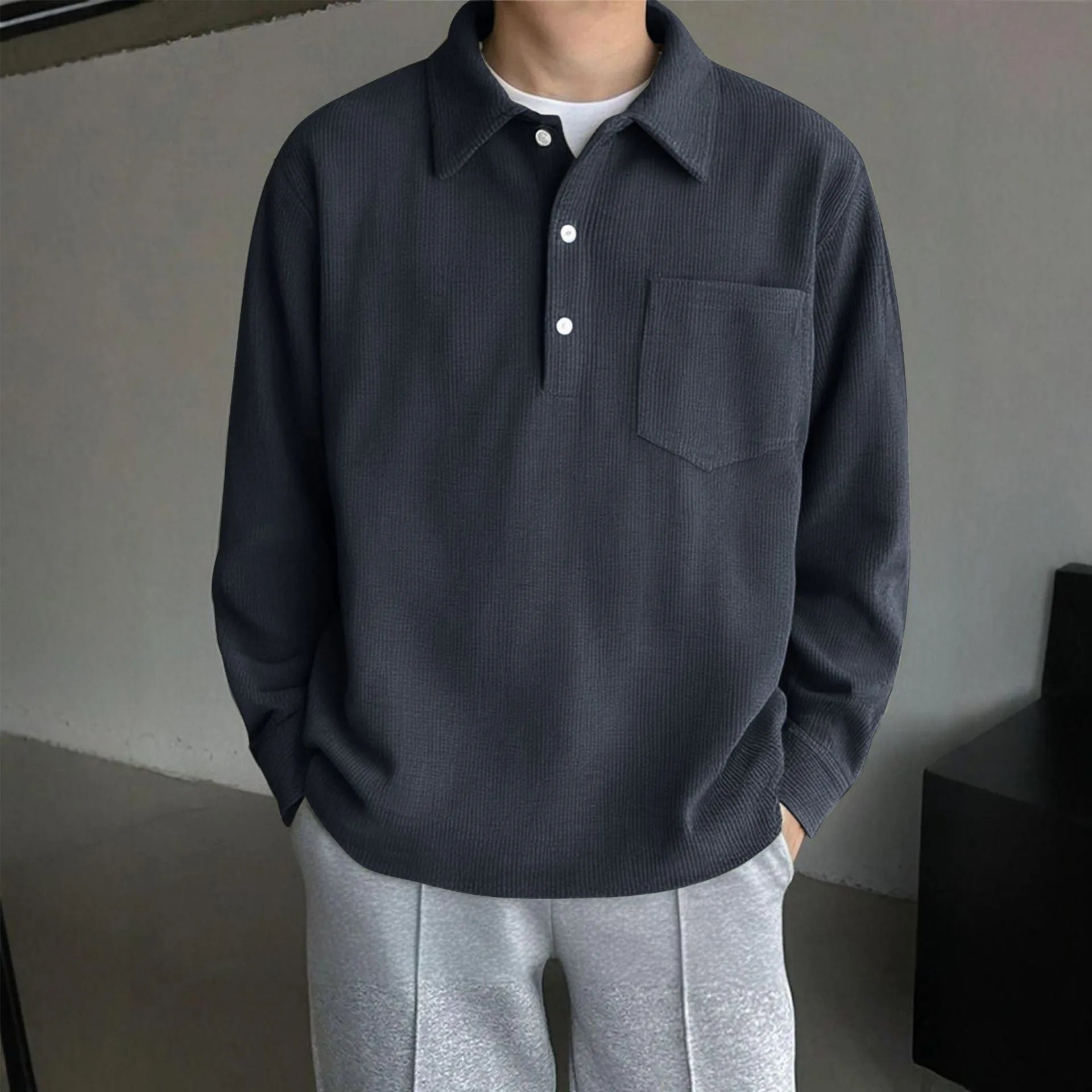 Men's American retro casual polyester pullover shirt in black, loose fit, size options S-XXL
