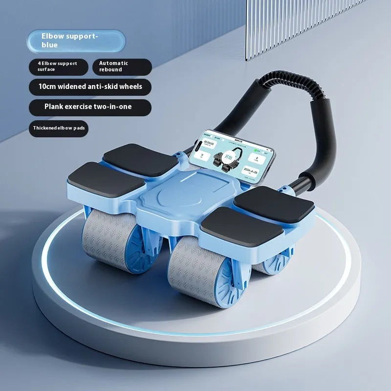 Black automatic rebound abdominal exercise wheel with four wheels on a floor.