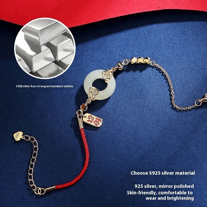 Women's Chinese style Fu Lu jewellery set with hetian jade gourd bracelet, necklace and earrings in sterling silver