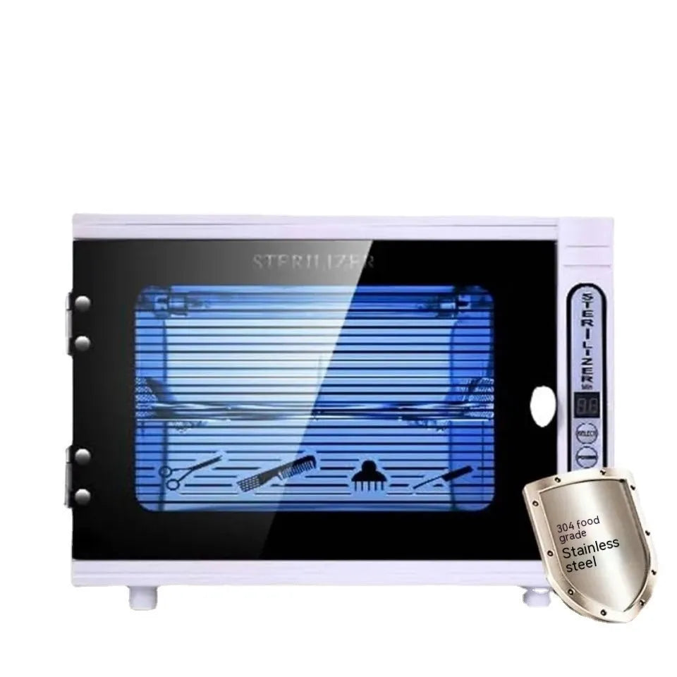 Silver mini UV steriliser cabinet with stainless steel liner for salon tool disinfection.