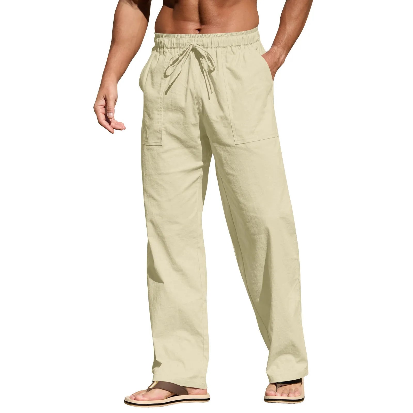 Men's cotton linen straight leg beach trousers with drawstring elastic waist in multiple colour options
