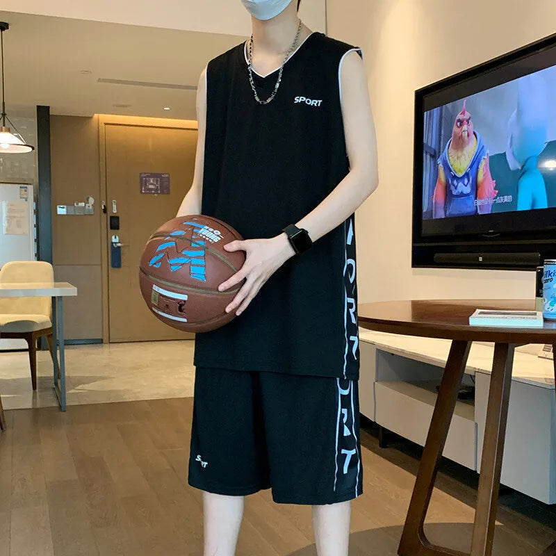 Men's basketball sports suit set showing sleeveless vest and matching shorts in polyester fabric