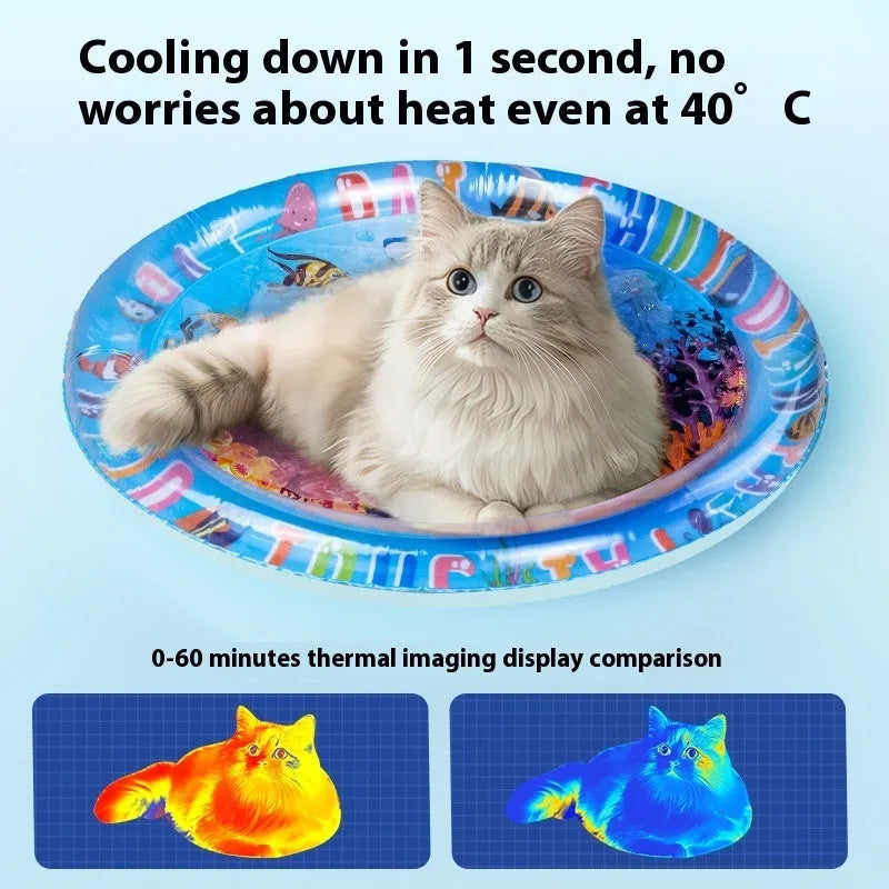 PVC inflatable water bed for cats in 100cm or 65cm sizes with aquatic graphics.