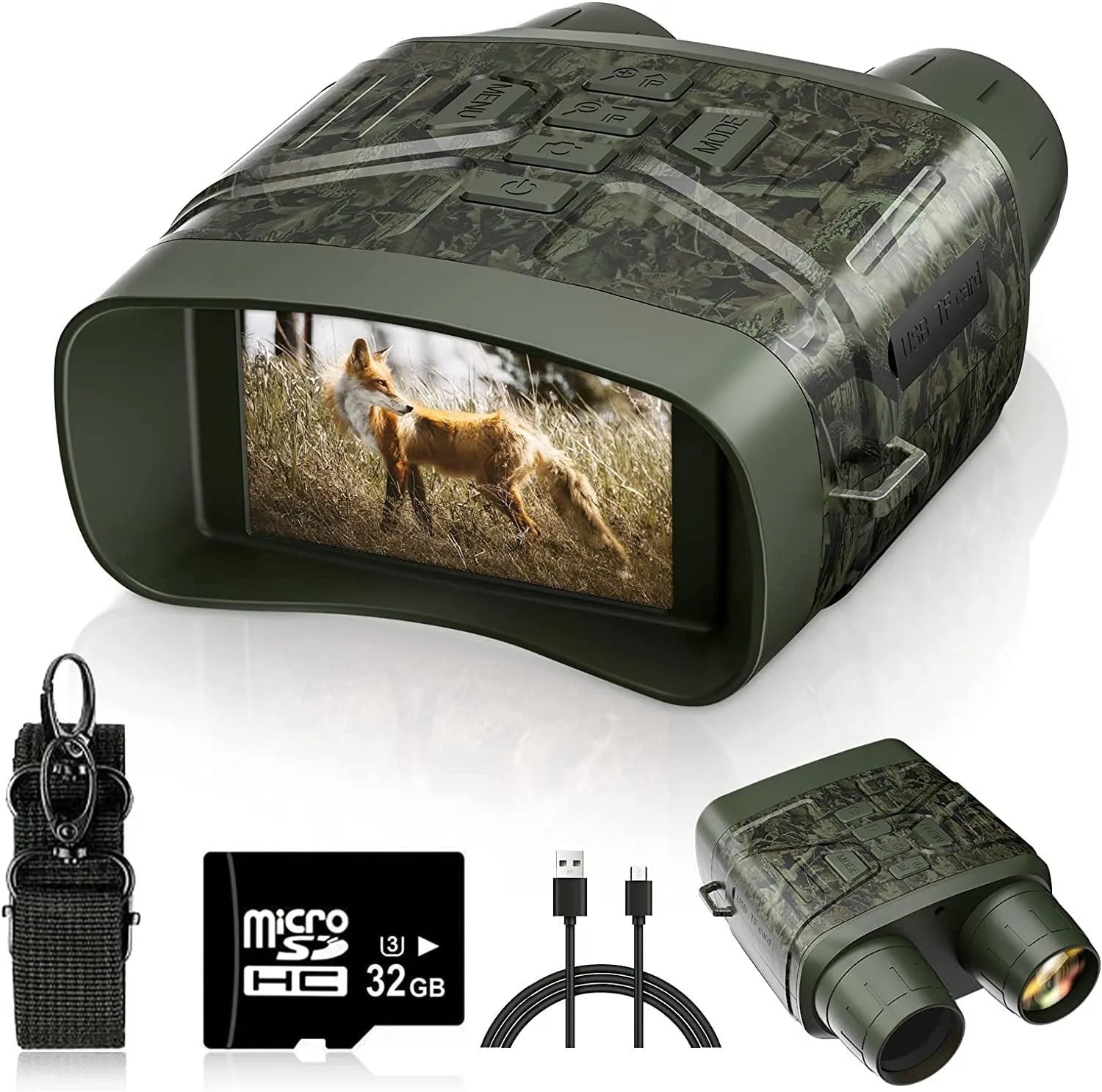 Black night vision instrument with display screen showing night-time imagery and control buttons
