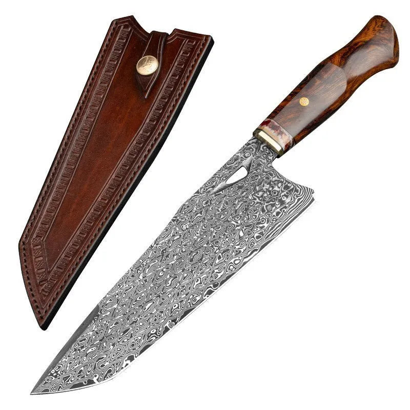 Damascus steel chef's knife with 21.8cm blade, milky off-white handle, and Damascus pattern steel construction