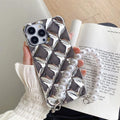 iPhone phone case with attached diamond bracelet chain in gold and silver plated rhombus designs