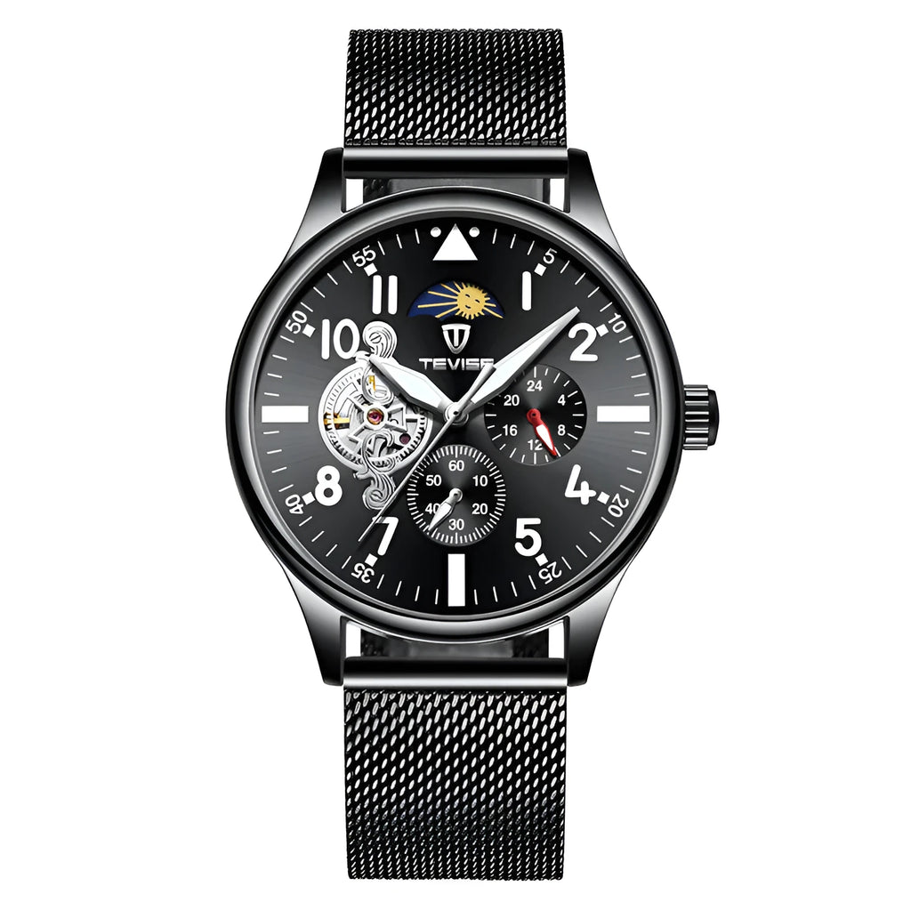 Black men's mechanical watch with moon phase display and luminous hands on 41mm alloy case
