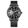 Black men's mechanical watch with moon phase display and luminous hands on 41mm alloy case