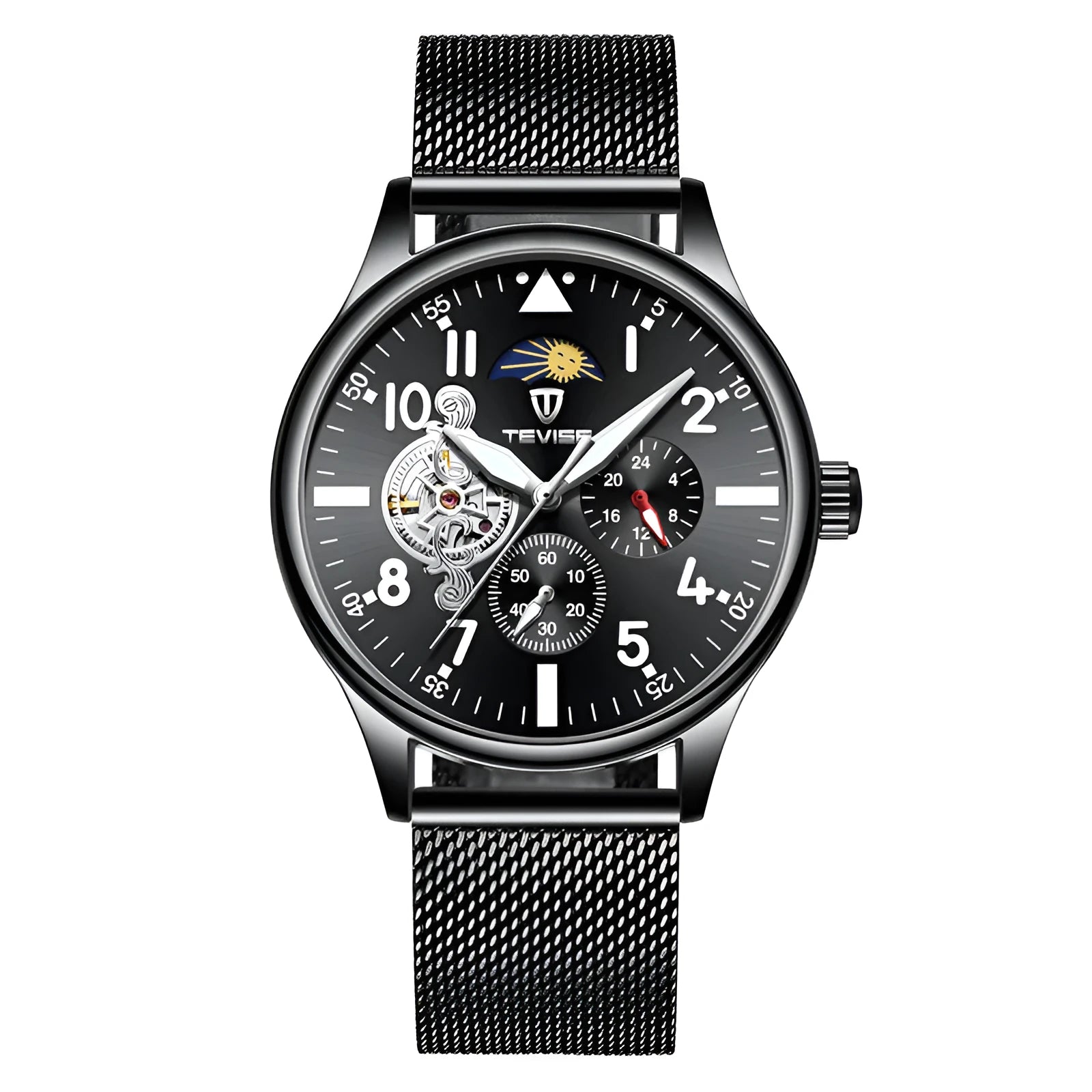 Black men's mechanical watch with moon phase display and luminous hands on 41mm alloy case
