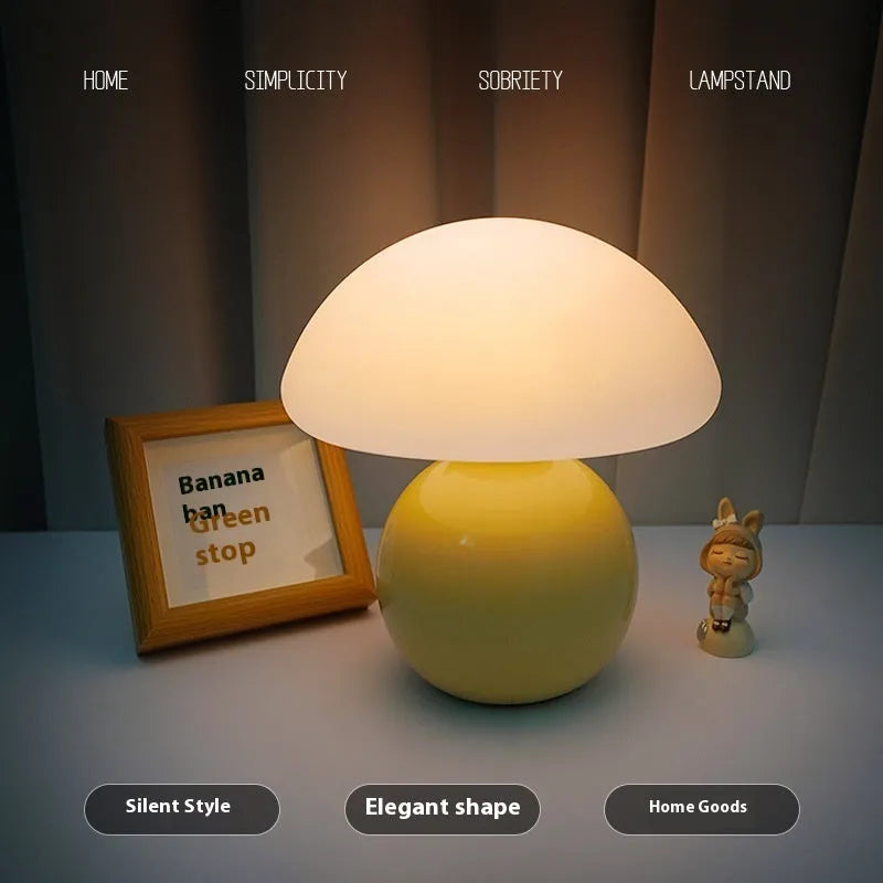 USB ceramic cream mushroom bedside table lamp with remote control in cream finish