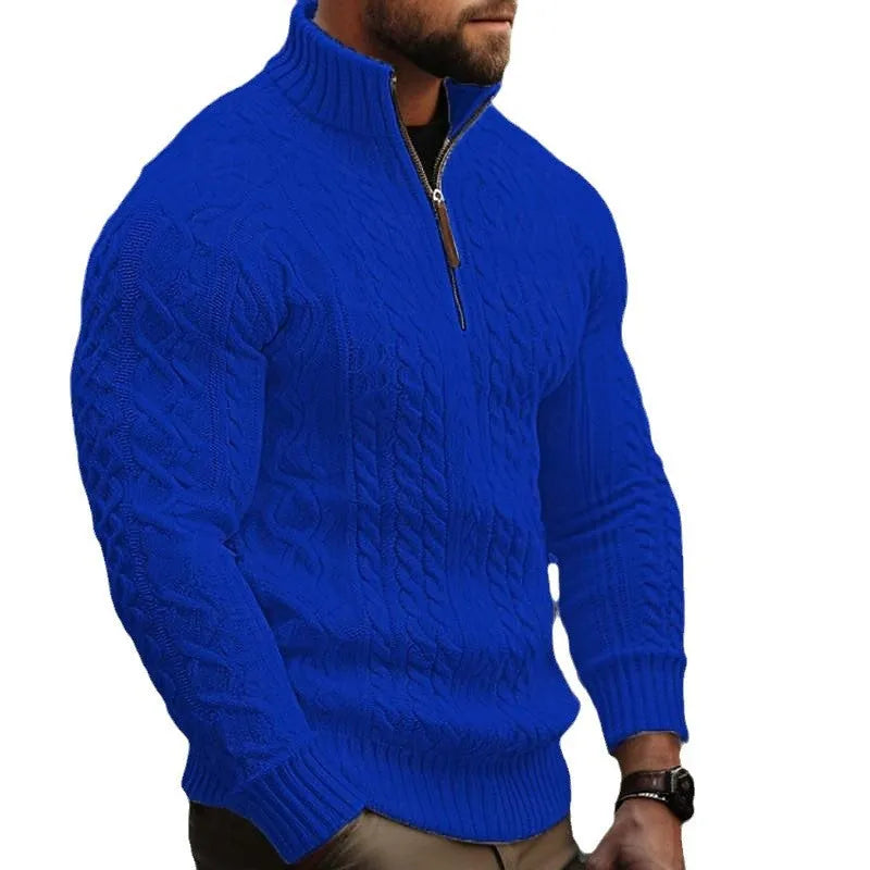 Men's knitwear half zip coat solid colour twisted thickened sweater in brown, loose fit British style pullover with long sleeves