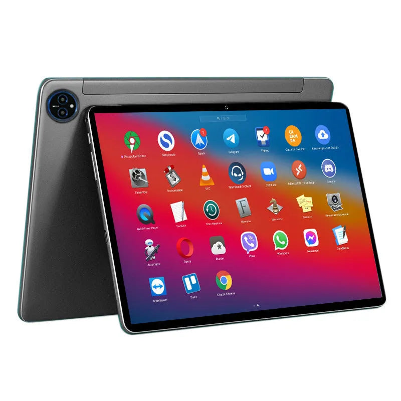 10-inch bare metal tablet PC with attached keyboard leather case in blue or grey.