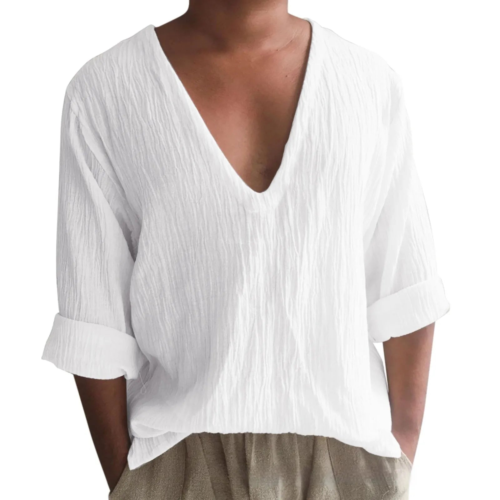 Men's washed cotton long sleeve V-neck t-shirt in solid colour with British style collage stitching