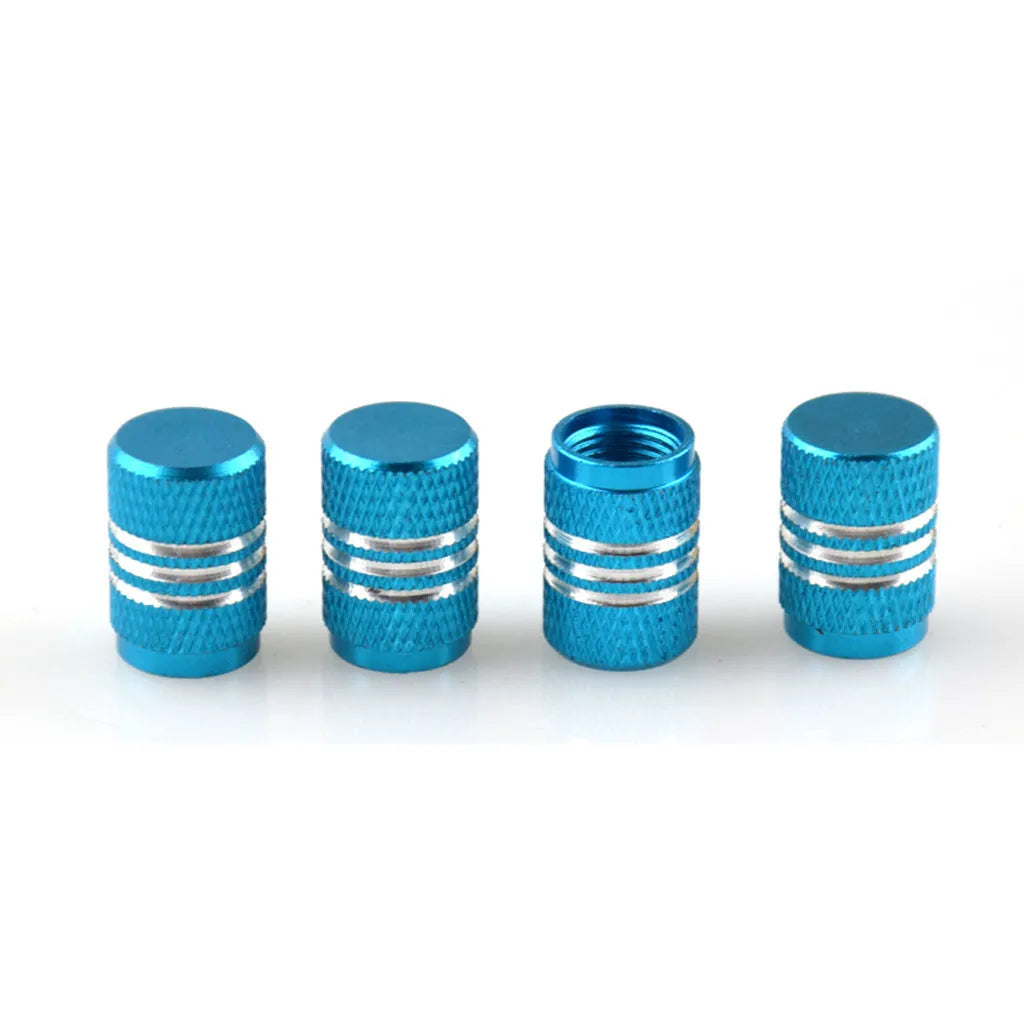 Set of aluminium alloy colour car tyre valve caps in various colours including red, blue, silver, and gold
